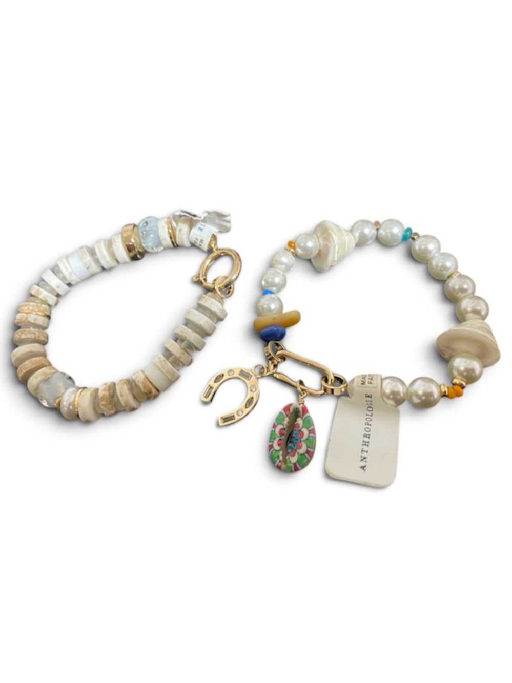 NWT Anthropologie Beaded Charm Stretch Bracelet Set - Shell, Stone, Pearl